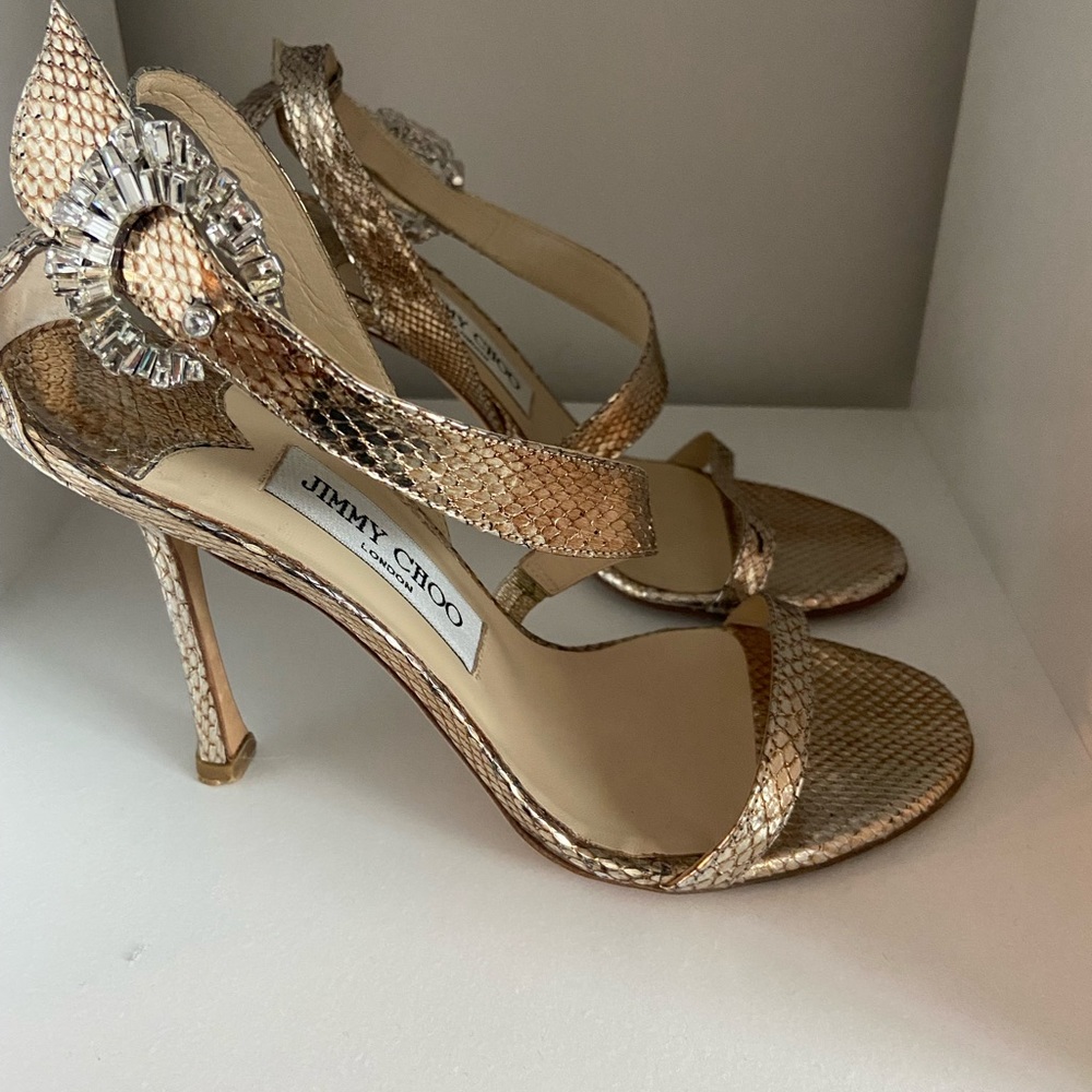 Jimmy Choo light gold snake texture strappy sandal with rhinestone buckle